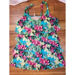 Catherines Womens Plus 26W Floral Molded Cups Tiered One Piece Swim Dress